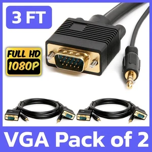 2 Pack 3FT VGA Cable + 3.5mm Audio SVGA Male to Male Monitor PC Cord with Aux - Picture 1 of 5