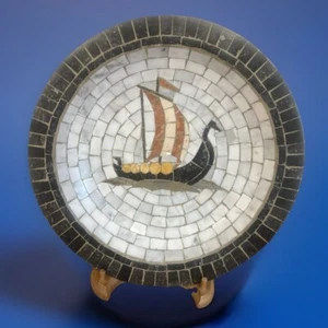 Norse Viking Longboat Ship Heidi of Denmark 11” Stone Mosaic Plate Est 1950's - Picture 1 of 9
