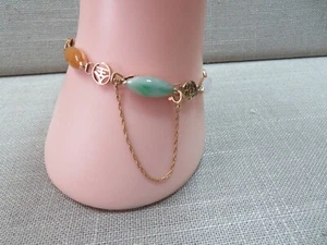 Vtg 14k Y. Gold Jadeite Jade Bracelet 6.75" Chinese Blessing Characters - Picture 1 of 8