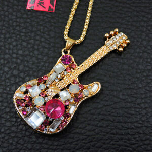 Betsey Johnson Pink Crystal Guitar Pendant Necklace Sweater Chain