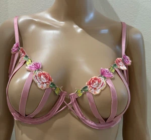 Victoria's Secret Luxe Lingerie Caged Cut Out Open Cup Bra Embroidered Rose S - Picture 1 of 3