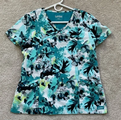 Blusa Médica Para Mujer Landau Blanco Teal Turquesa Verde Hojas M Foto 1 de 4