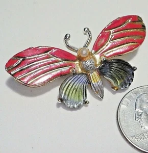 Ungewöhnliche Vintage geschichtete rote Emaille & grün gegossenes Glas Schmetterling Pin GT/ST 2" x 1" - Bild 1 von 3