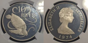 Seychelles 1974 Proof Silver $10 Ten Rupees Green Sea Turtle NGC PF67UCAM KM#20a - Picture 1 of 7