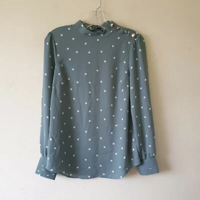 Oasis Green Ivory Polka Dot Chiffon Blouse Sz 8 Landgirl 40s - Image 1 of 4