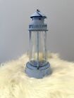 Vintage Lighthouse Hanging Lantern, Tea Light Candle, Blue Metal, Crackle Glass