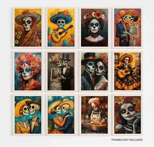 MEXICAN SKULLS ART PRINTS DAY OF THE DEAD SUGAR SKULLS WALL ART SKULL PRINTS - Picture 1 of 22