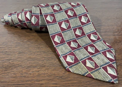 Barrington Designer Neck Tie - 100% Silk - Beige & Red Geometric Print - Image 1 of 4
