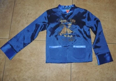 Asian China shirt for child boy girl vintage pockets dragon sheer blue gold 9-10 - Image 1 of 4