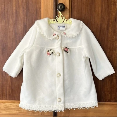 Vintage 80s Girls White Pea Coat with Pink Floral Details Lace Trim - Image 1 of 4