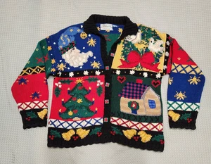 Vtg Christmas Cardigan Sweater Signatures By Northern Isles Present Buttons L-XL - Picture 1 of 12