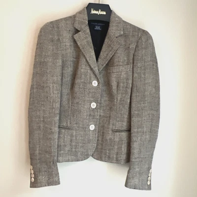Vtg Polo Ralph Lauren Women's Blazer Herringbone Linen Tan Black Size 2 Italy - Image 1 of 4