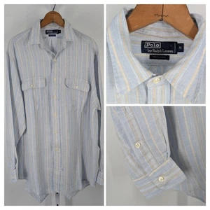 Polo Ralph Lauren Vintage 90s Double Pocket Linen Stripe Blue Oversize Shirt RRL - Picture 1 of 4