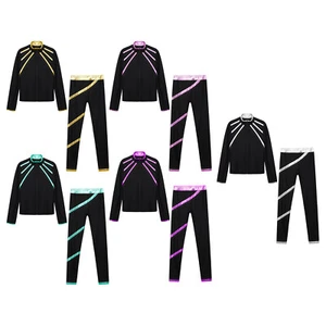 Kids Girls Figure Skating Costume Workout Sports Suit Zipper Tracksuit 2 Piece - Picture 1 of 65