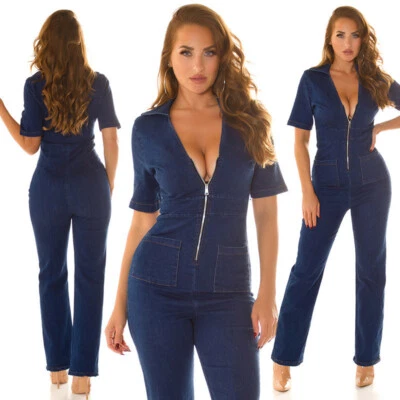 Elastischer Damen Denim Overall Mit Kurzen Ärmeln Und V-Ausschnitt Neu - Bild 1 von 4