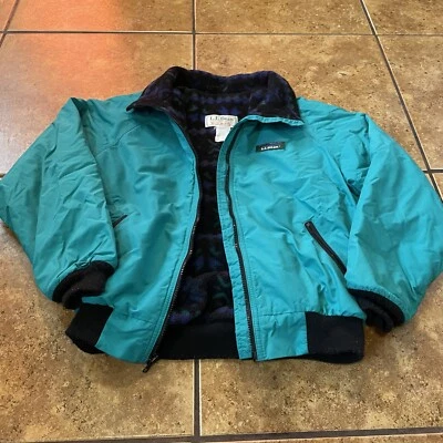 VTG LL Bean Warm Up Jacket Mens Medium Teal Full Zip Fleece Lined Aztec Print - Image 1 of 4