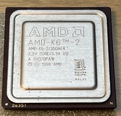 AMD K6-2 350AFR  2.2V/3.3V Socket 7 350Mhz CPU  100Mhz Bus - Image 1 of 4