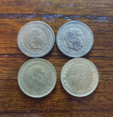 1953, 1963, 1966 and 1980 Spain 1 Peseta - 4 Old Coins - Image 1 of 2