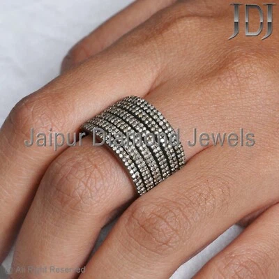 Natural Pave Diamond Cigar Band Ring 925 Sterling Silver Designer Jewelry Ring - Image 1 of 4