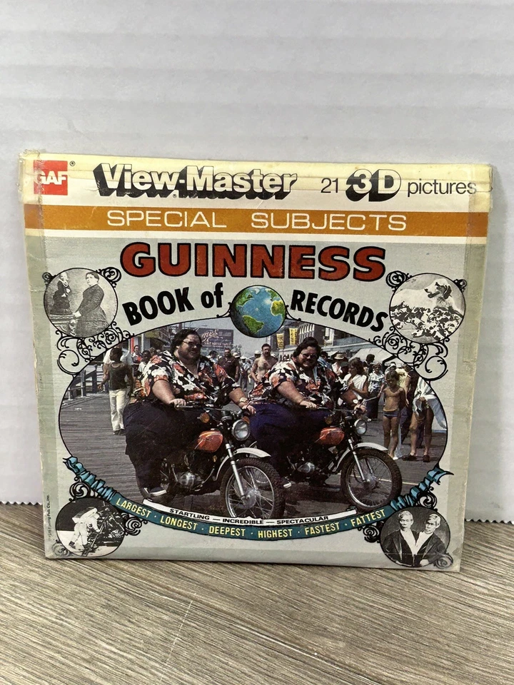 Juego de 3 carretes View Master Guinness Book of Records folleto gemelos en bicicletas 1978 Foto 1 de 4