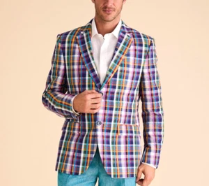 NEW Inserch Mens 100% Cotton Blazer Seersucker Madras Check Jacket Summer - Picture 1 of 1
