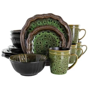 Elama Dinnerware Set 16Pc Stoneware Dishwasher Safe Green+Bowl Casual (4Service) - Picture 1 of 5