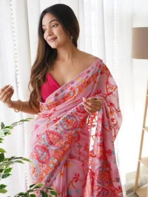 Blusa sari de seda nupcial de diseñador Sari Bollywood étnica del sur de la India lista para usar Foto 1 de 4