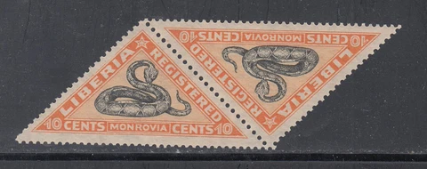 Liberia # F23 MNH Pair 1921 Registration Fauna Snake Reptile CV $60 For HINGED Cover