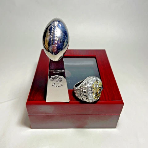2022 Los Angeles Rams STAFFORD # 9 Top off Ring + Lombardi Trophy 4' + Box Cover