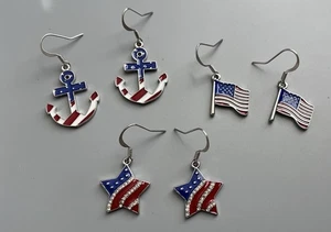 3 Pair Red-White-Blue Patriotic Silver Tone Wire Earrings Boat Anchor-Star-Flag - Picture 1 of 3