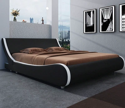 Moderno marco de cama con plataforma imitación cuero tapizado trineo cama con cabecero Foto 1 de 4