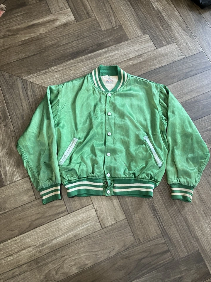 Chaqueta de satén vintage años 40 Felco descolorida envejecida grande 44 verde forro de algodón Foto 1 de 4