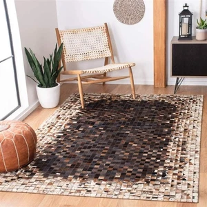 Hand Woven Natural Cowhide Hair on Patch Work Leather Modern Carpet Room C-04 - Picture 1 of 8