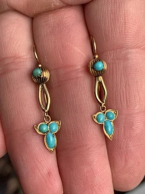 15ct gold Victorian natural turquoise exceptional drop dangley earrings 2.4g - Изображение 1 из 4