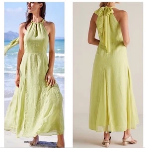 Soft Surroundings Soliloquy Linen Silk Maxi Dress Women's L Chartreuse Green - Picture 1 of 17