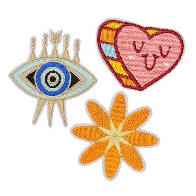 3 Retro Iron-On Embroidered Patches, All-Seeing Eye, Groovy Heart, Orange Flower - Image 1 of 3