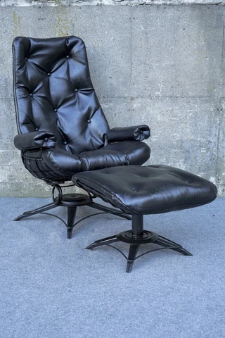 Mid Century Modern Homecrest Tall Wrought Iron Black Lounge Chair w/ Ottoman Cover