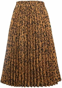 Womens Chic Elastic High Waisted A Line Leopard Pleated Shirring Midi Skirt Bn - Picture 1 of 3