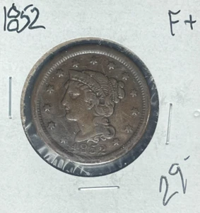 CENTAVO GRANDE CABELLO TRENZADO 1852 ~ FINO+ ~BONITA MONEDA~ - Imagen 1 de 2