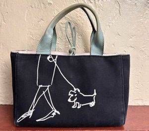 Kate Spade Maira Kalman Handbag Black Canvas Walking Dog Green Leather Trim - Picture 1 of 10