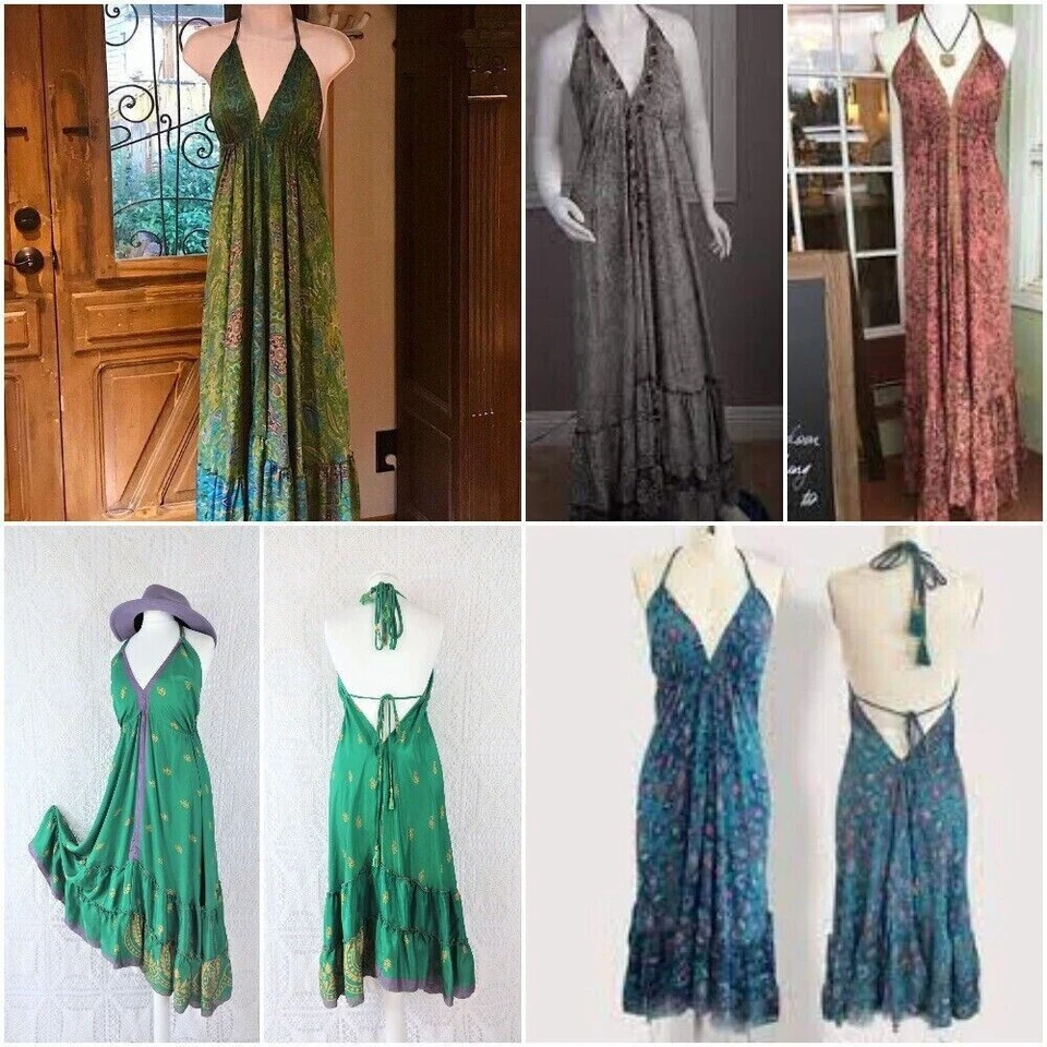 Wholesale Lot Indian Vintage Sari Silk Maxi Boho Gypsy Hippie Halter dress 5pcs - Image 1 of 4