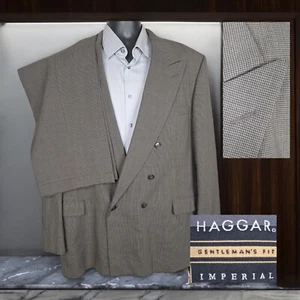 Haggar 2 Piece Suit Mens 46L 42X31 Double Breasted Houndstooth Brown Wool - Picture 1 of 14