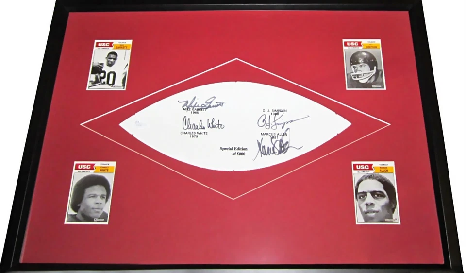 OJ Simpson Marcus Allen Mike Garrett Charles White signed USC Heisman framed JSA - Image 1 of 1
