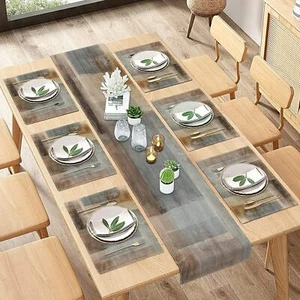 Farmhouse Table Runner and Placemats Set of 6, Abstract Brown Grey Painting Art - Picture 1 of 1