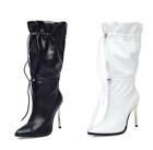 Warm Womens Mid Calf Boots Pointy Toe Stilettos Loose Lace Up High Heels Winter 