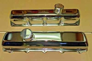 OLDSMOBILE TALL CHROME STAMP STEEL VALVE COVERS WITH BILLET BREATHERS 350 , 455 - Picture 1 of 6