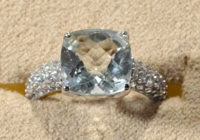 GREEN PRASIOLITE-SQUARE CHECKERBOARD CUT-ROUND WHITE ZIRCON-SZ 6 RING-STER SILV - Image 1 of 4