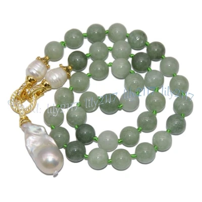 Natural A Green Jadeite White Keshi Baroque Pearl Pendant Necklace 6/8/10/12mm - Image 1 of 4