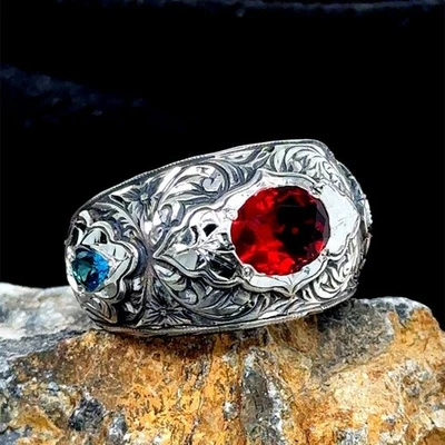 925 Silver Engraved Ruby And Aquamarine Stone Band Ring - Image 1 of 4