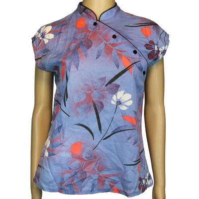 1970s Vintage Blouse Shirt Top Blue Red Asian Style Boho Lightweight Cotton S/M - Image 1 of 4